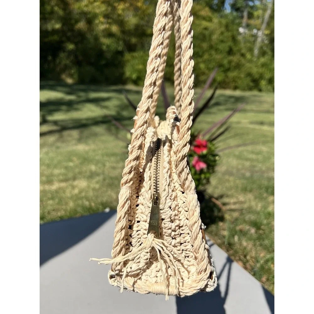 Vintage 60s Walborg Straw Rope Bag Shoulder‎ Bag Wooden Base Boho Cottagecore